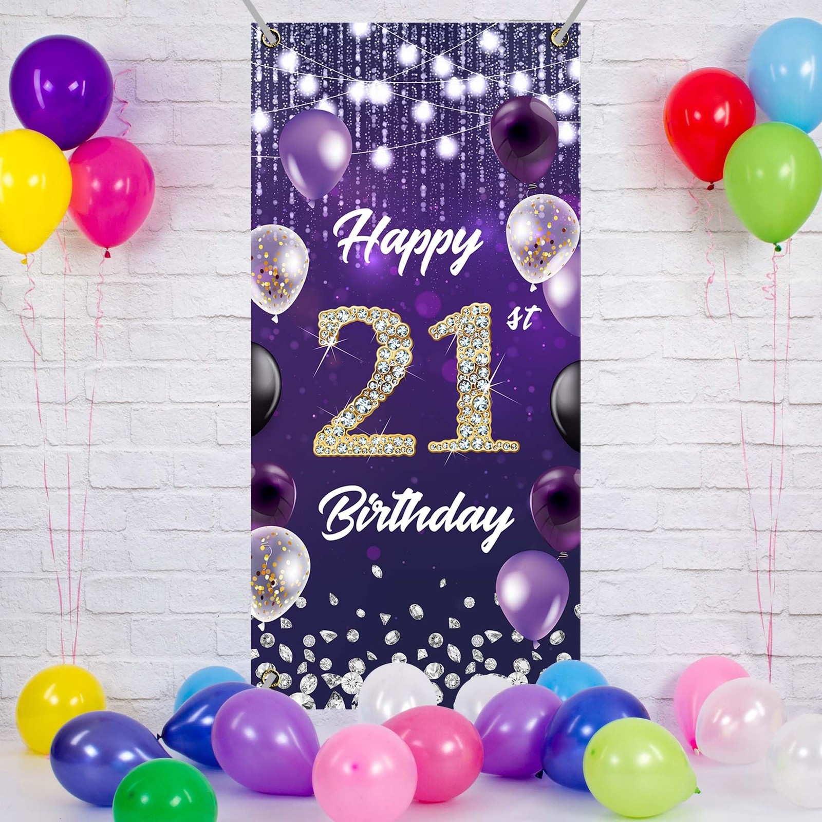 Happy 21st Birthday Backdrop Banner Purple Theme Background with Shiny Diamon...