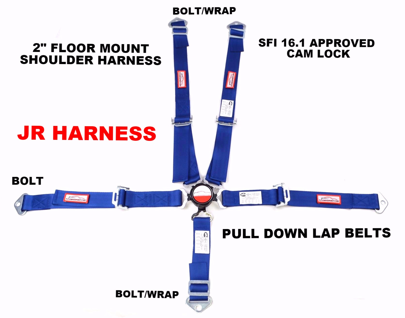 JR RACING HARNESS SFI 16.1 5 POINT CAM LOCK FLOOR MOUNT SEAT BELT COBALT BLUE