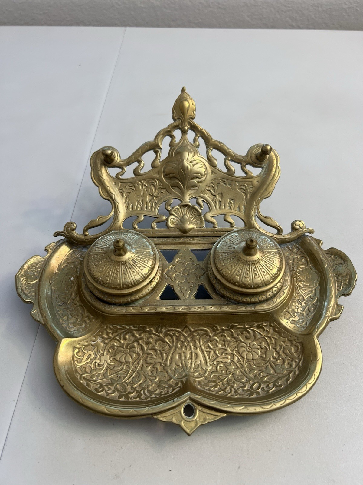 Vintage Gilded Cast Brass Art Nouveau Elephants Ornate Double Inkwell