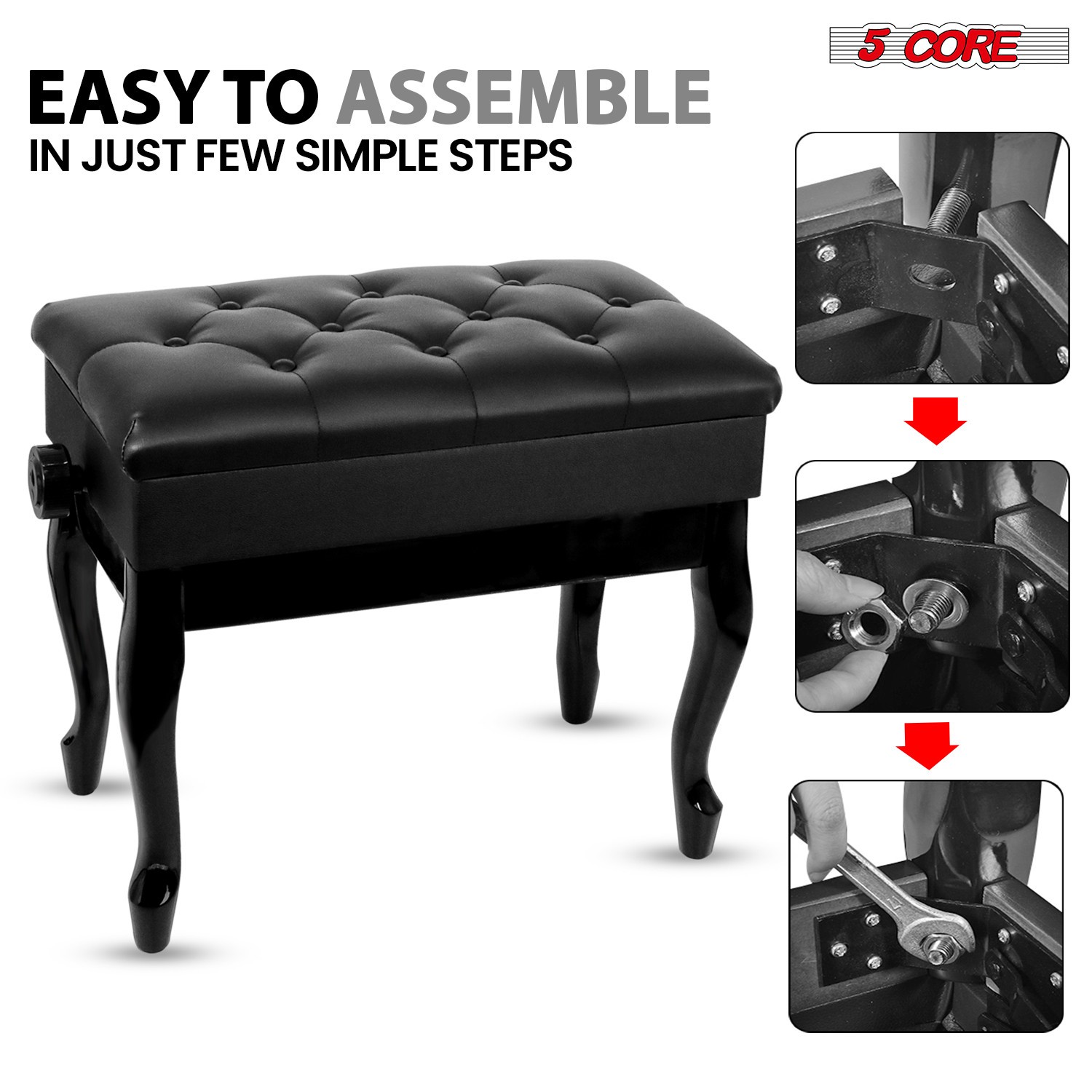 5 Core Piano Bench 3" Padded Cushioned Stool Wooden Heavy Duty Musician Chair