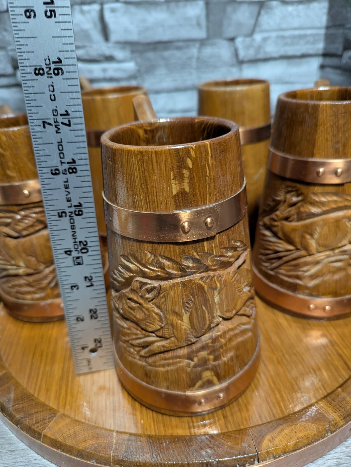 Vtg Set Of 5 Wood & Copper Beer Mug Stein Tankard Cups w/Tray Viking Bar Decor