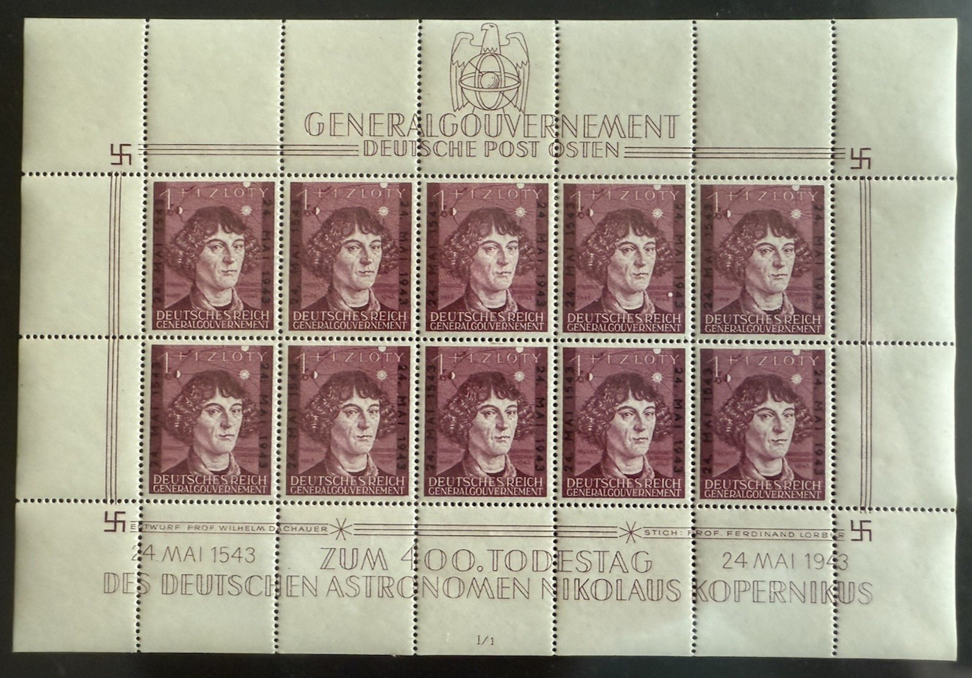 Poland: Germany, General Gov't Sc#NB41 Sheet 1943 WWII Reich, Copernicus MNH