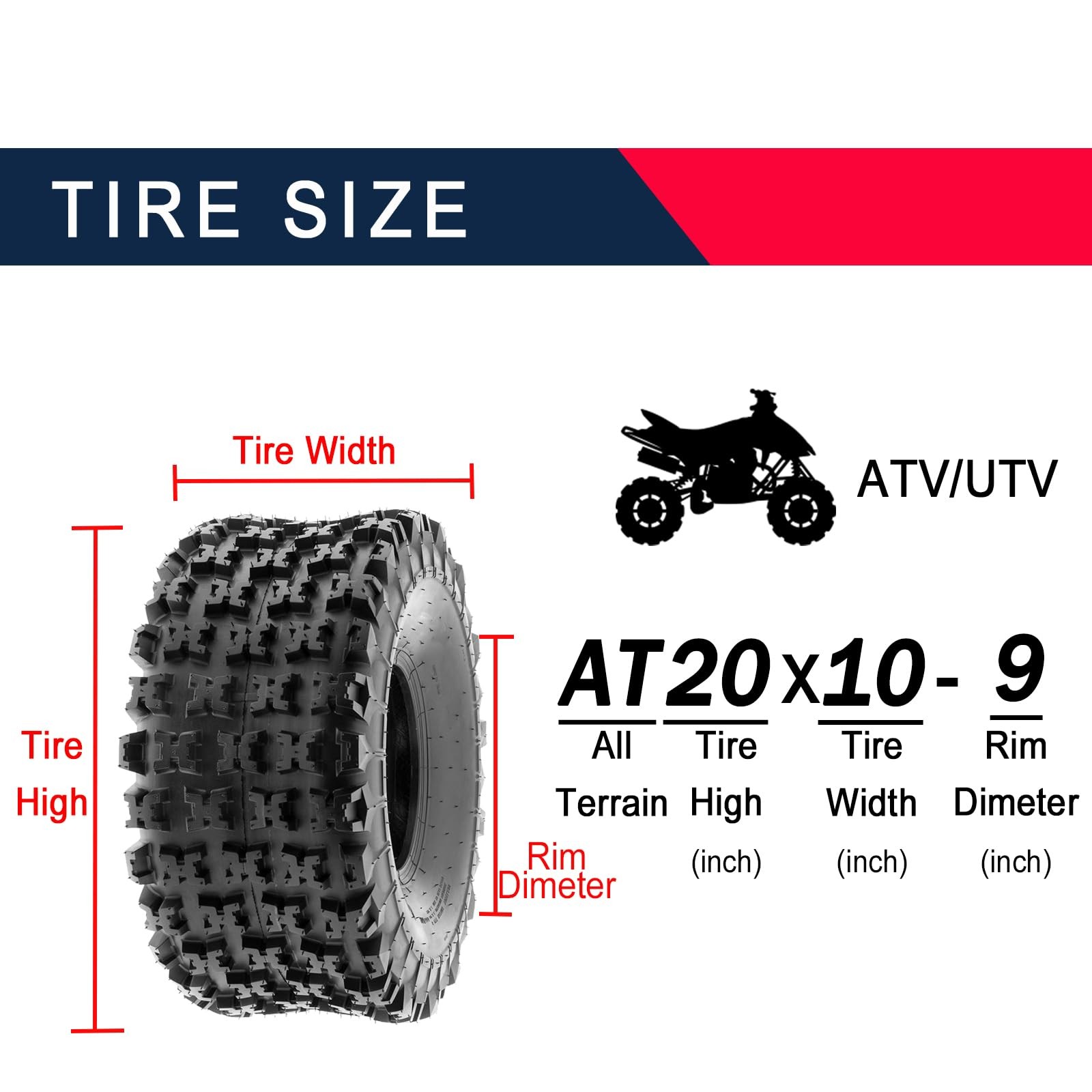 Set 2 Rear 20x10-9 ATV Tires 6PR 20x10x9 UTV Tires 20 10 9 All Terrain Tubeless