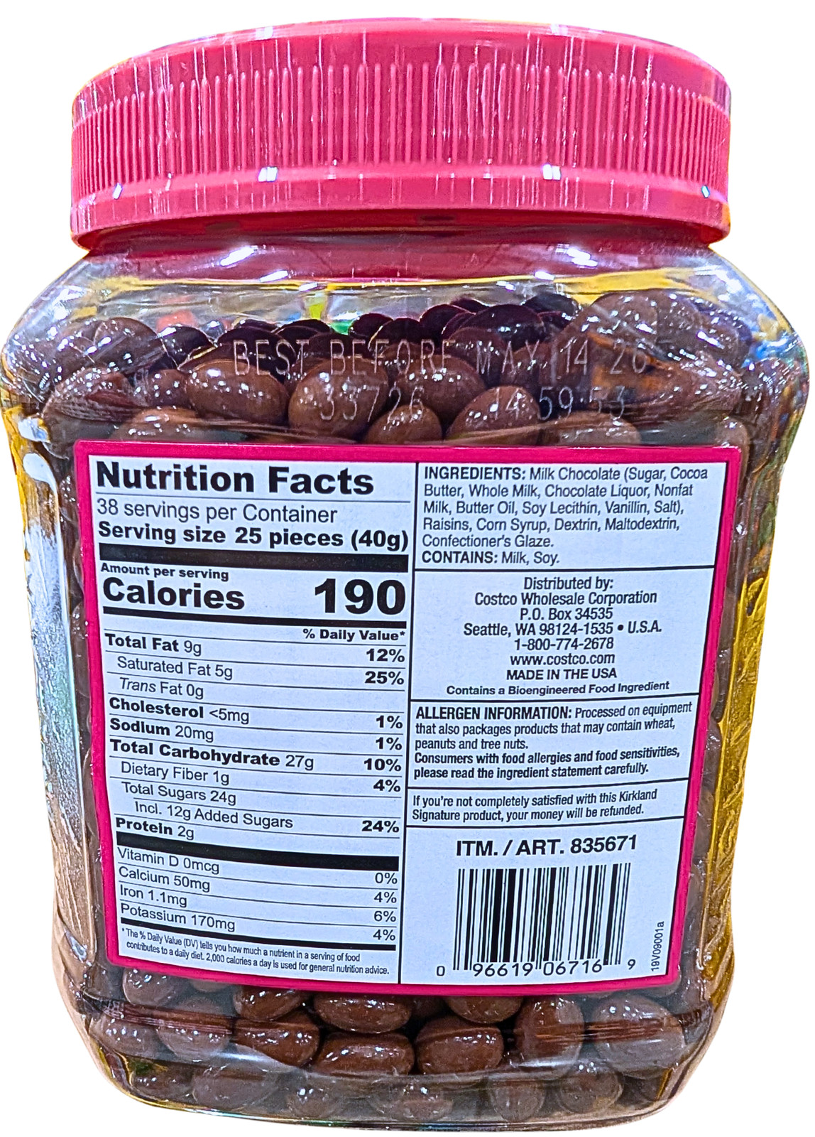 Kirkland Signature Milk Chocolate Raisins 54 Ounce Jar EXP 05/2026