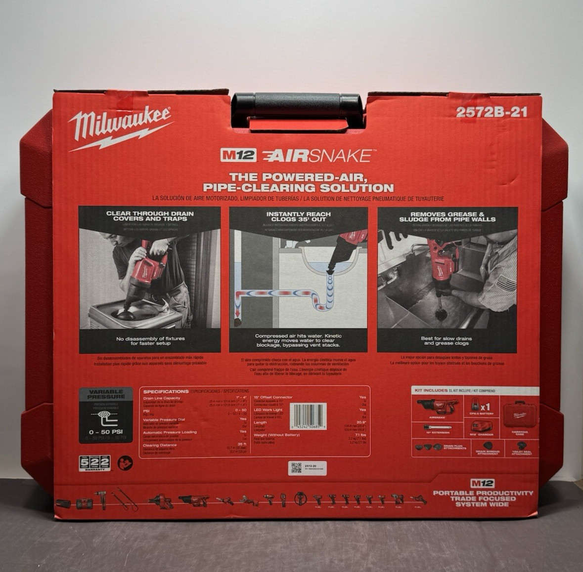 Milwaukee 2572B-21 - M12 12V Airsnake Drain Cleaning Air Gun Kit w/ Attachments