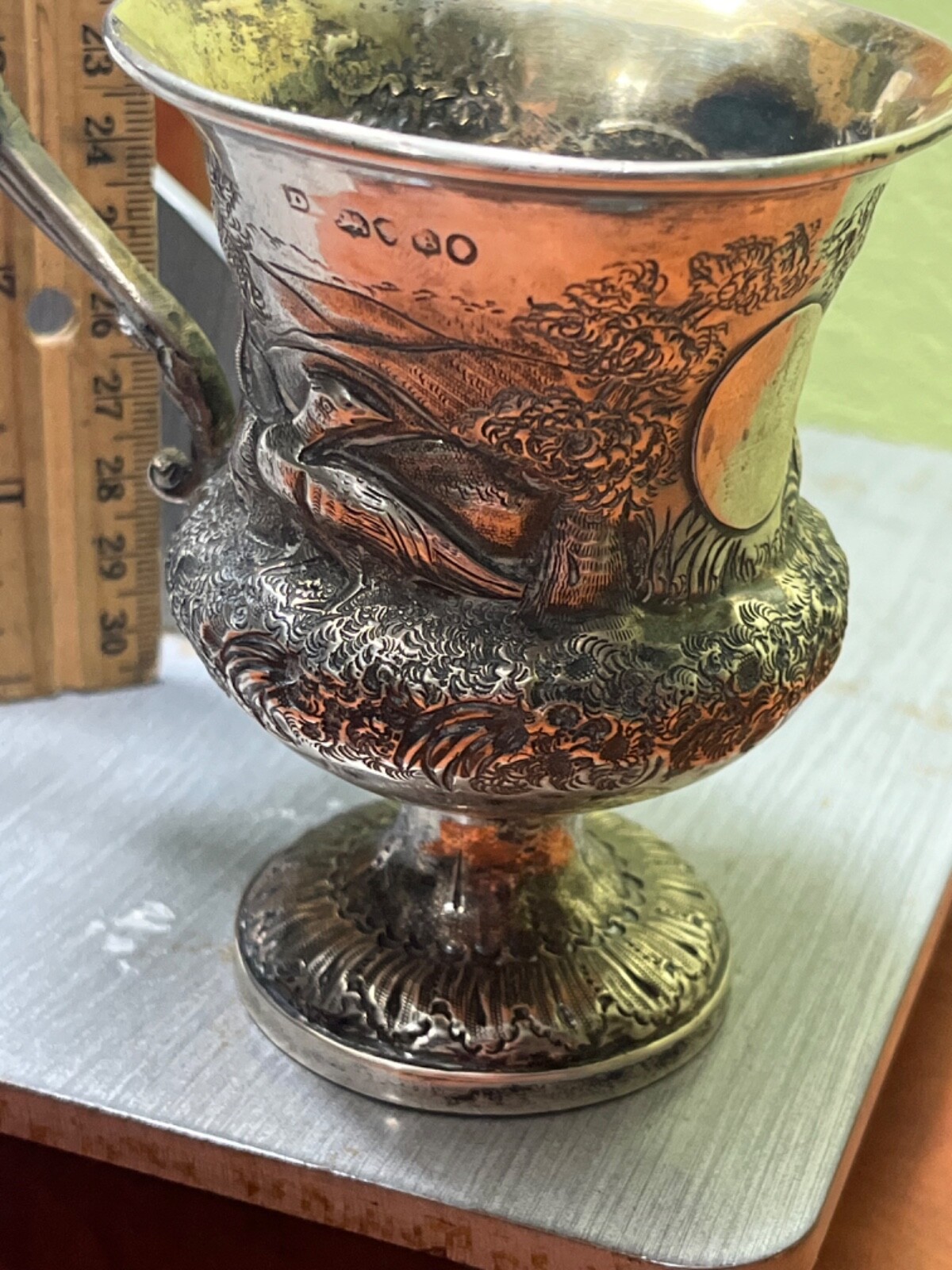 1837 English Sterling Silver Christening cup mug hunting pheasants bird repousse