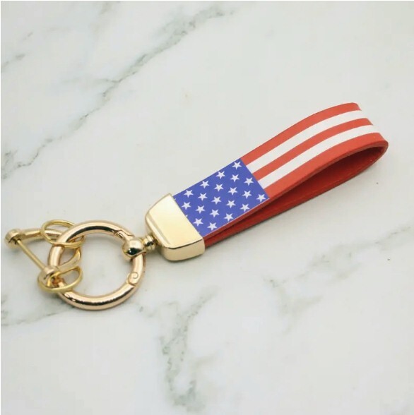 Leather American USA Flag Car Keychain with Zinc Alloy Ring, Tactical Keychain