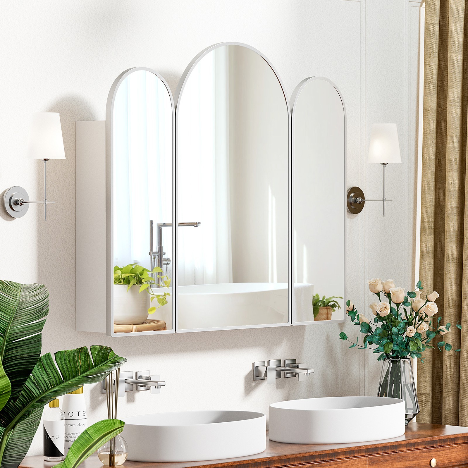 Triple Arch Medicine Cabinet 3 Doors Bathroom Mirror Cabinet with Trifold Mirror