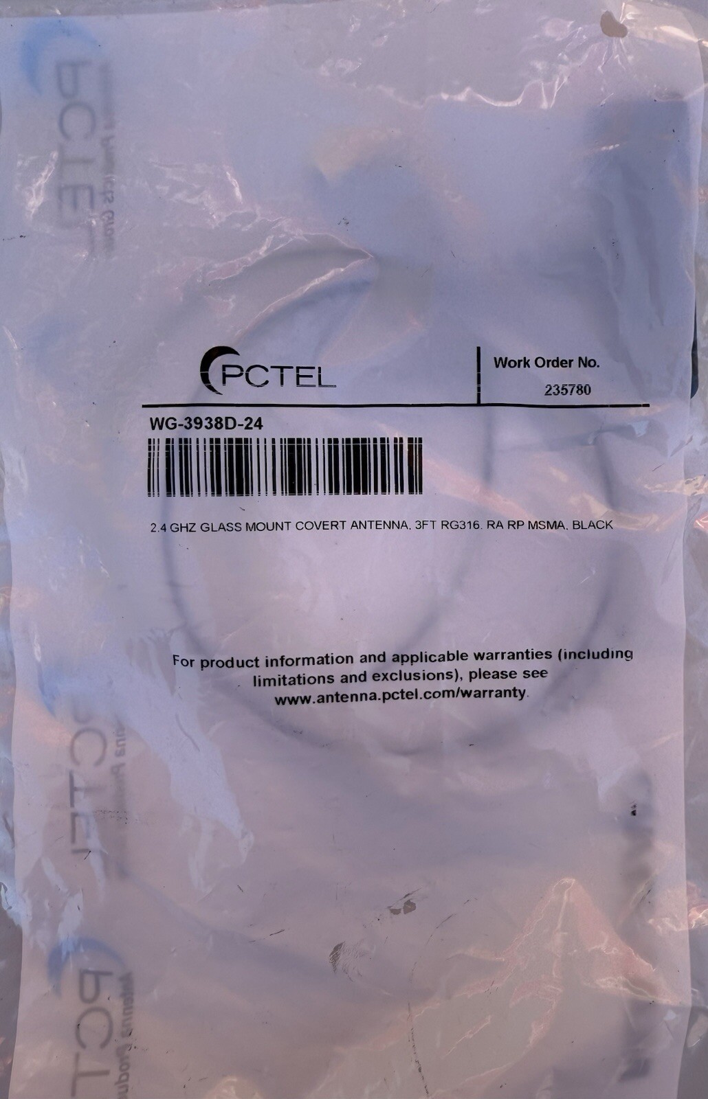 PCTEL WGP02504, WG-3938D-24 2.4 GHz Glass Mount Antenna 3ft WatchGuard 4RE