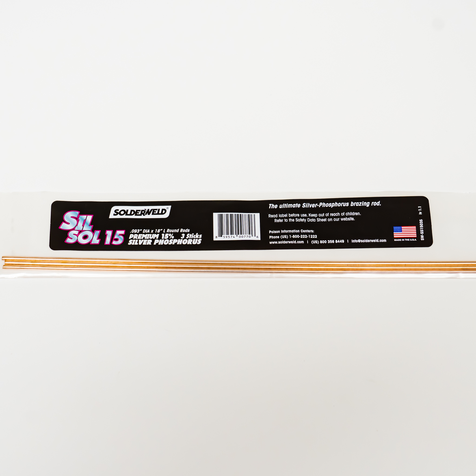 Solderweld SW-SS1503S 15% Silver Sil-Sol Round Brazing Rod 18" Long 3 Sticks