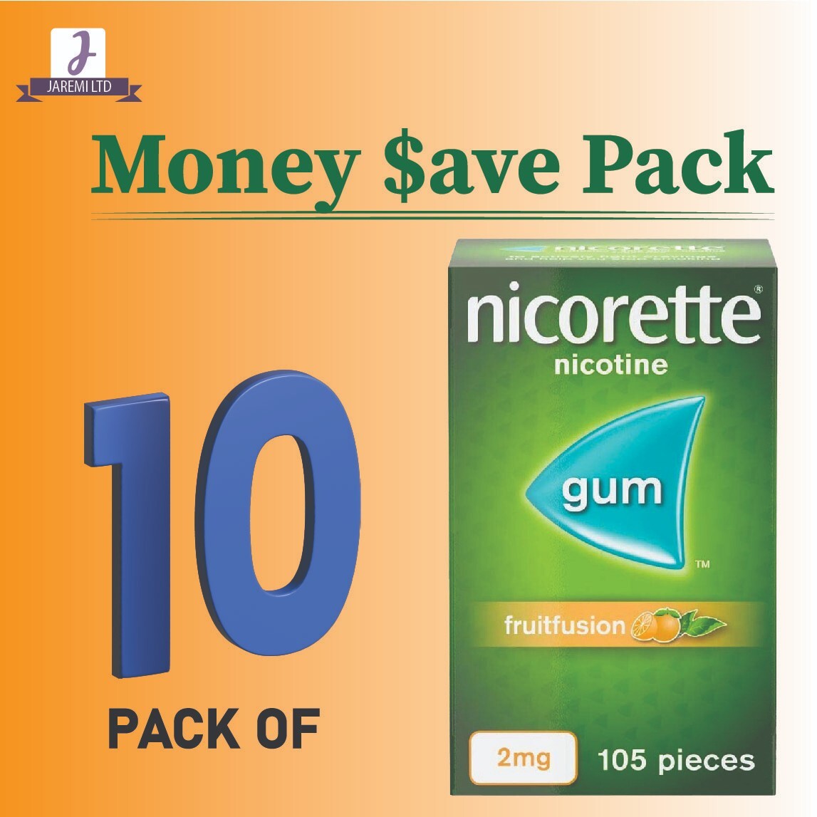 10 X Nicorette Gum 2mg FRUITFUSION Suger Free 105pieces