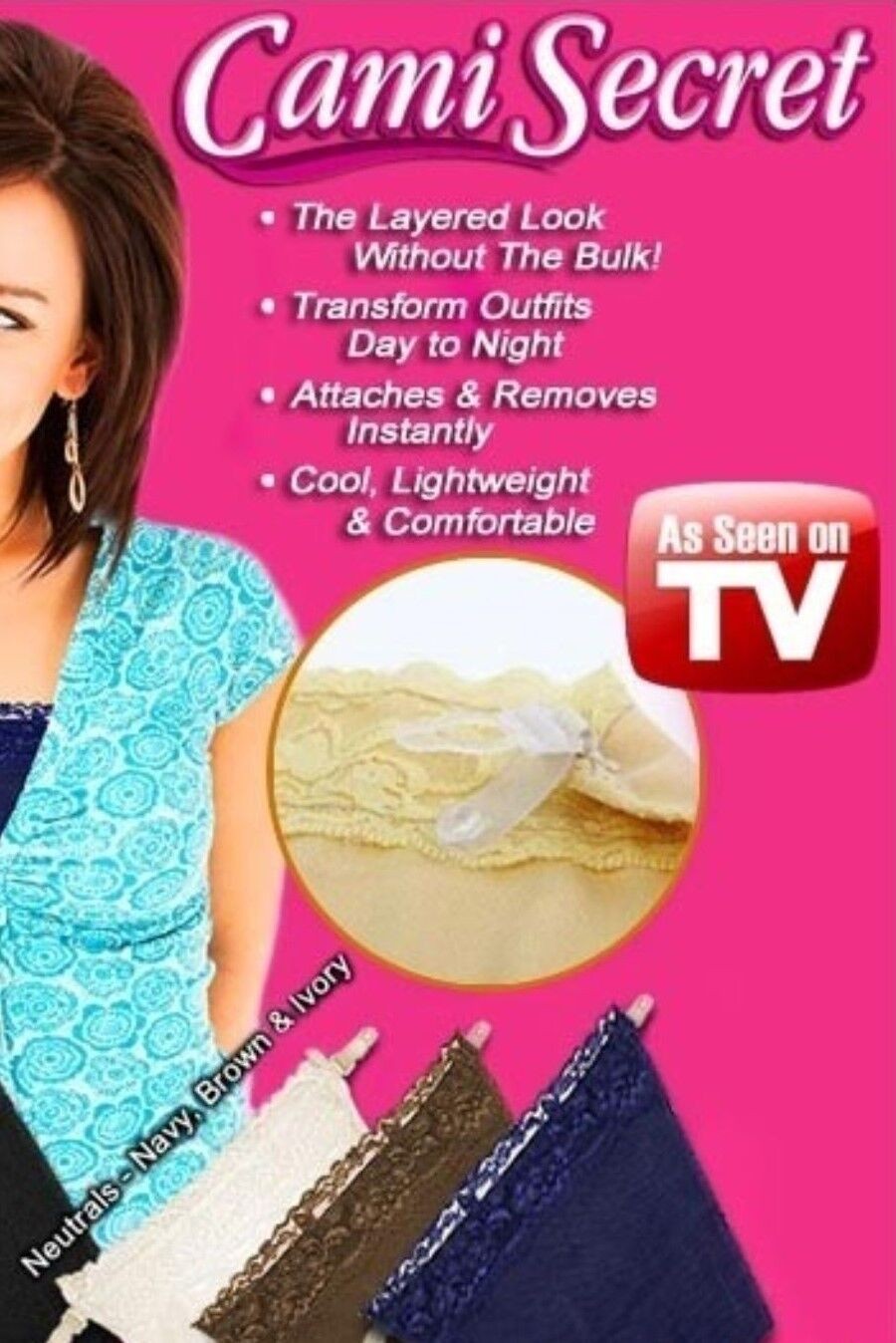 Cami Secret Set of 3 Clip-on Mock Camisoles, Navy, Ivory, Brown (As Seen on TV)