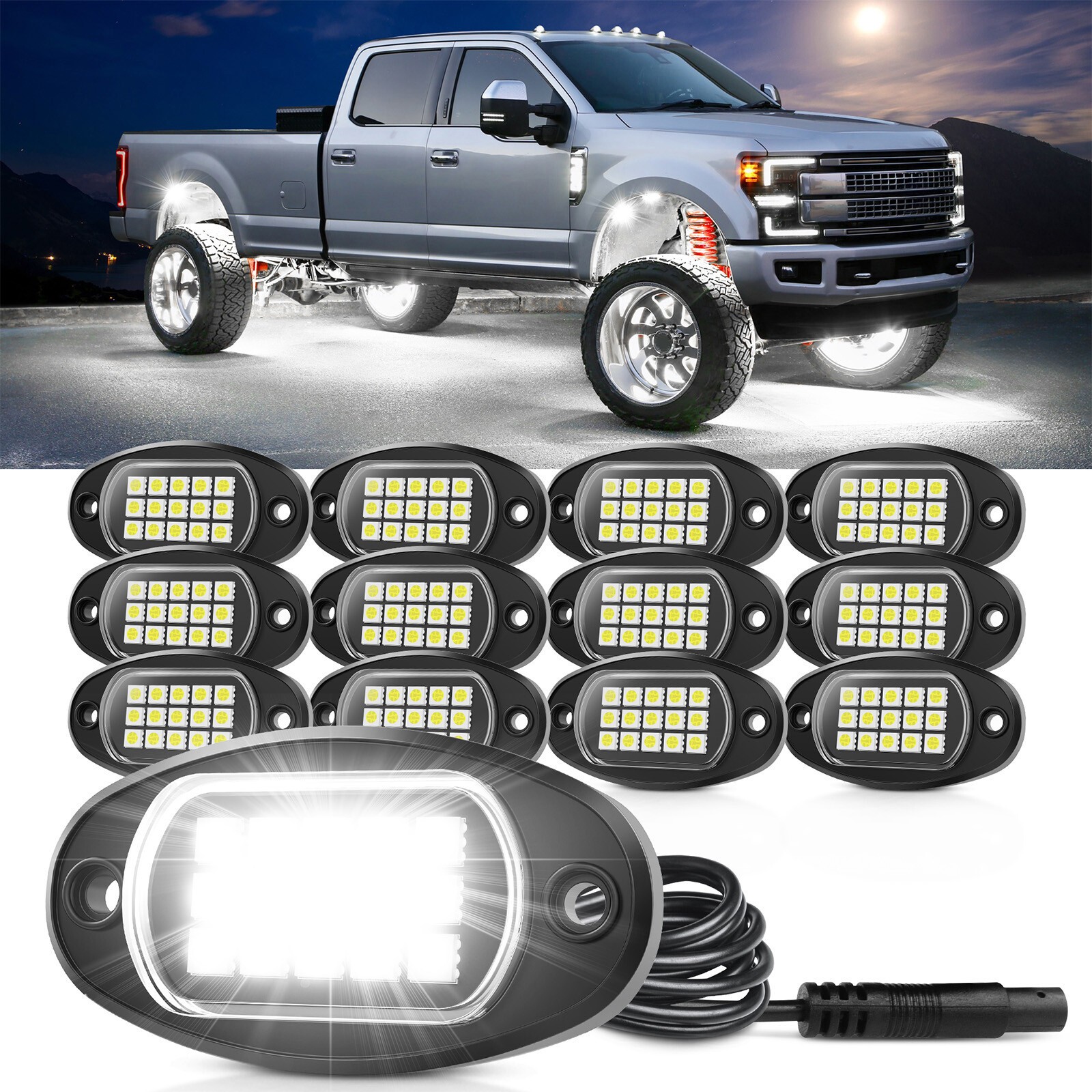 12x Pure White LED Rock Lights Underbody Glow Lamp for Offroad SUV Pickup Truck