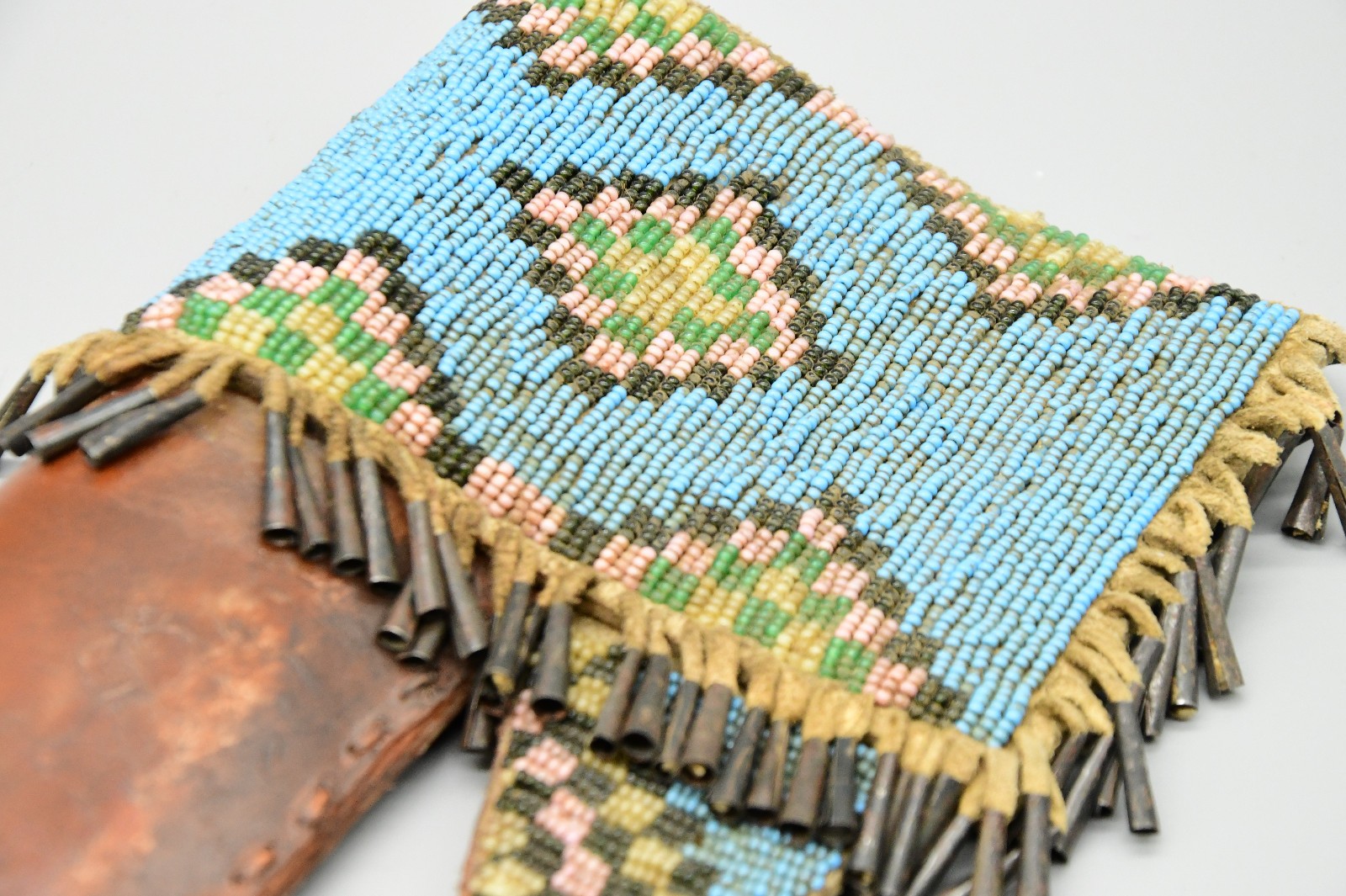 14" 1880s Blackfoot Knife Sheath Blue Beaded and Rawhide With Cones