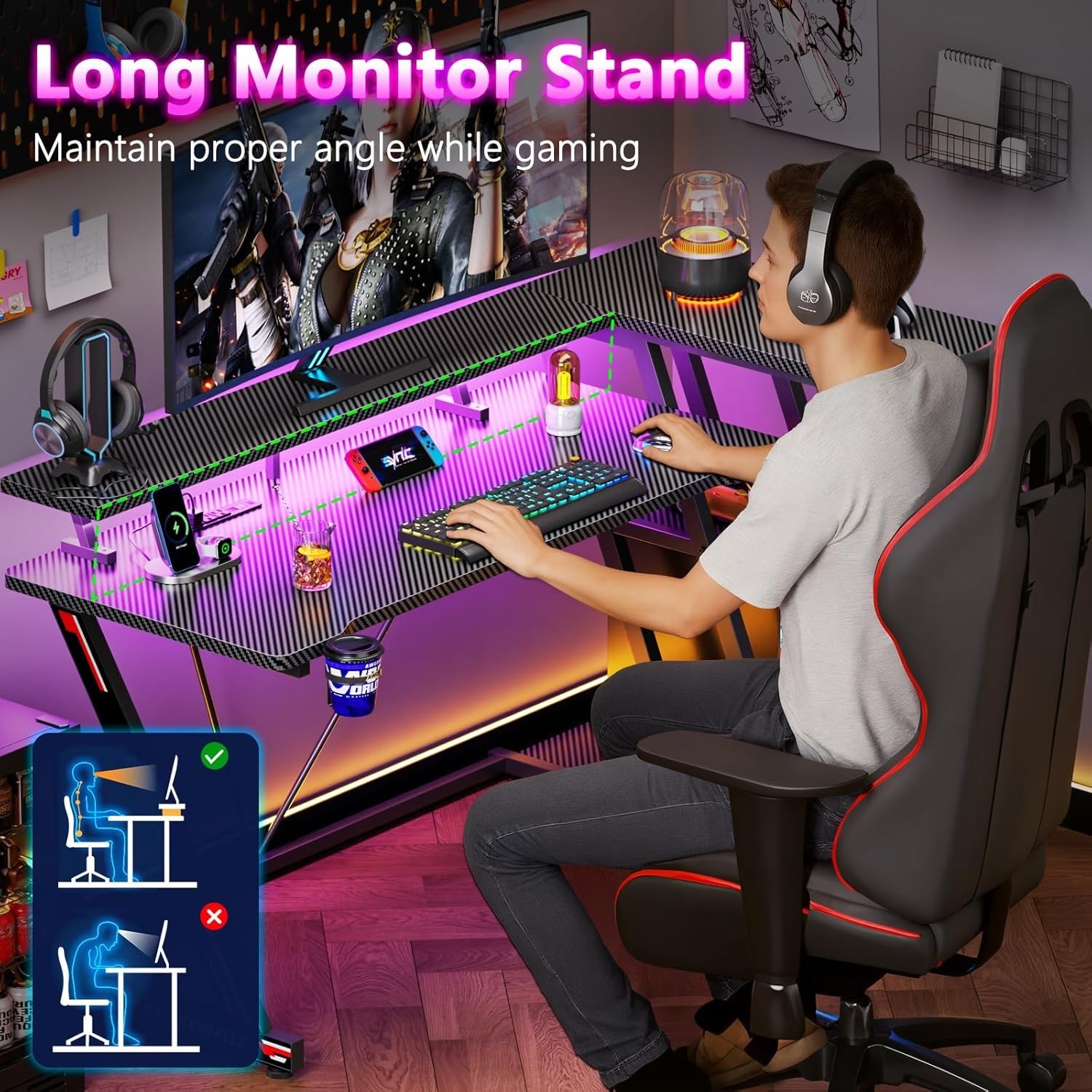 40 Inch Gaming Desk with Power Outlet & LED Lights, L Shaped Computer Gaming