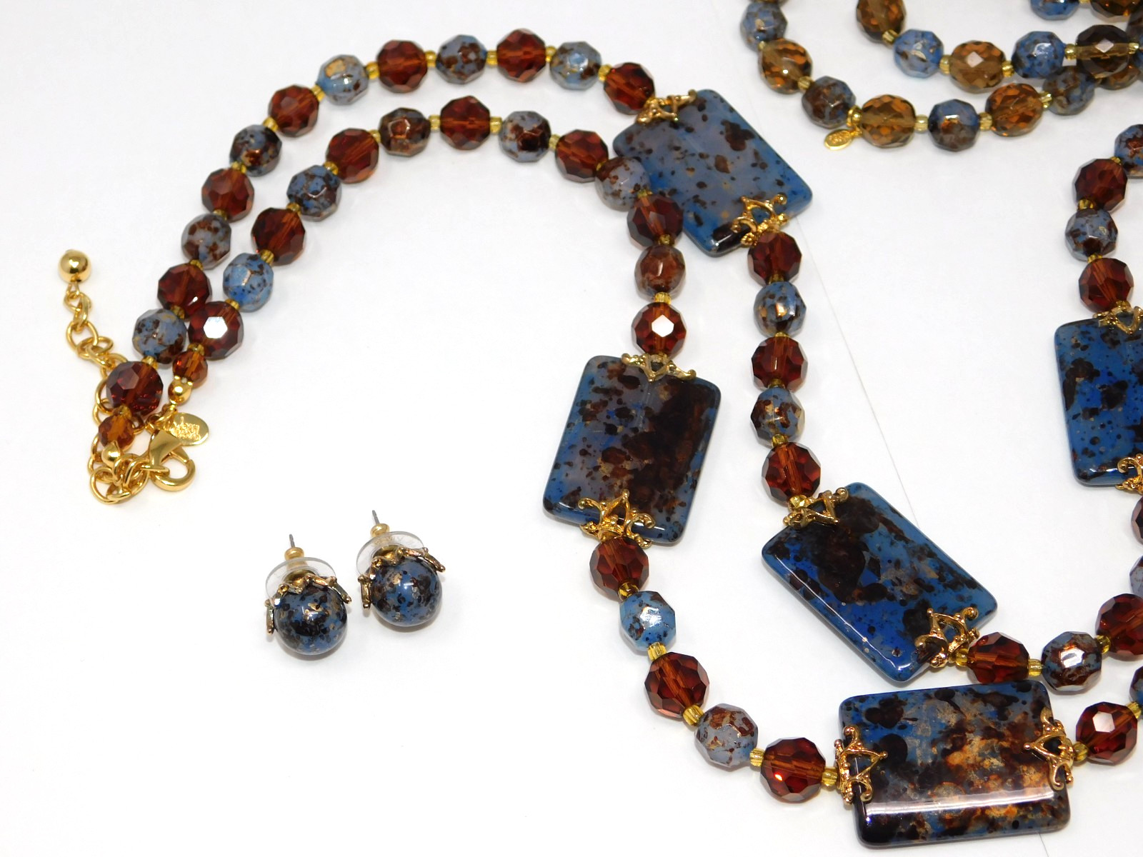 Vintage JOAN RIVERS Faux Lapis & Amber Glass Necklace Bracelet Earrings Set
