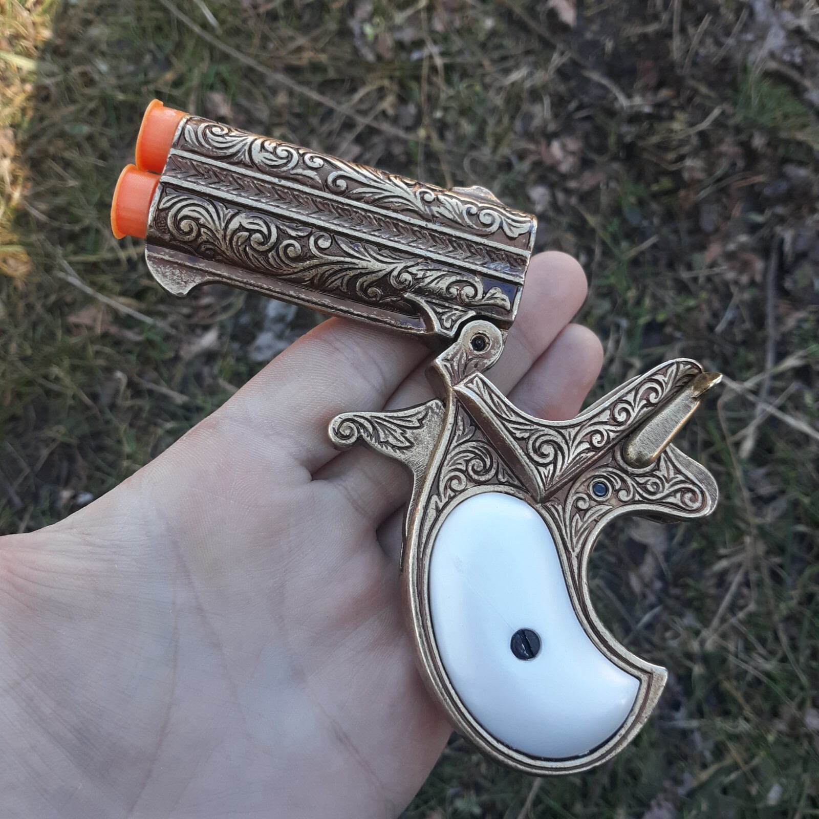 Denix Replica Non-Firing 1866 Double Barrel Derringer Brass Construction & Grips