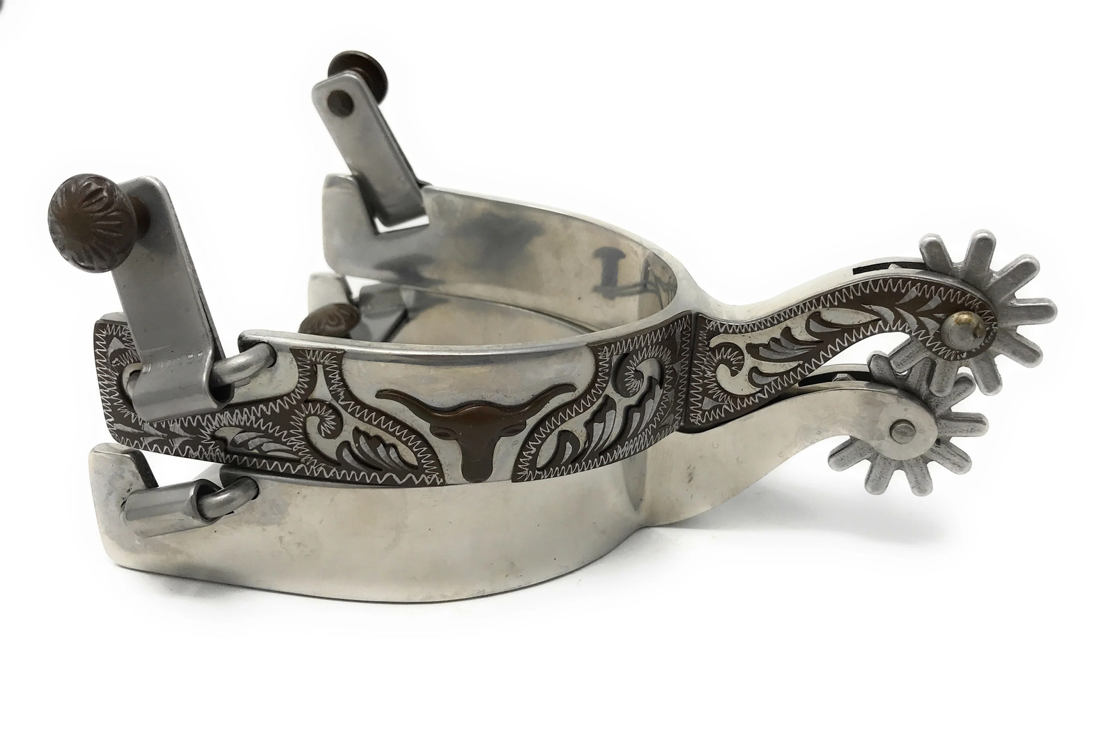 AJ Tack Longhorn Engraved Stainless Steel Mens Spurs