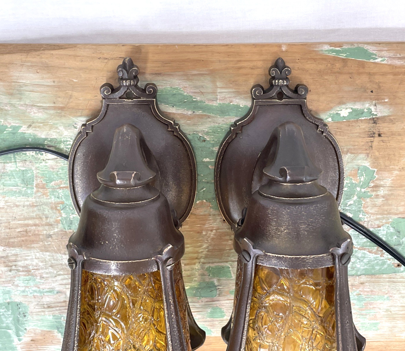 RESTORED Pair Antique Vtg Tudor Arts Crafts Wall Sconces Amber Glass Porch Light