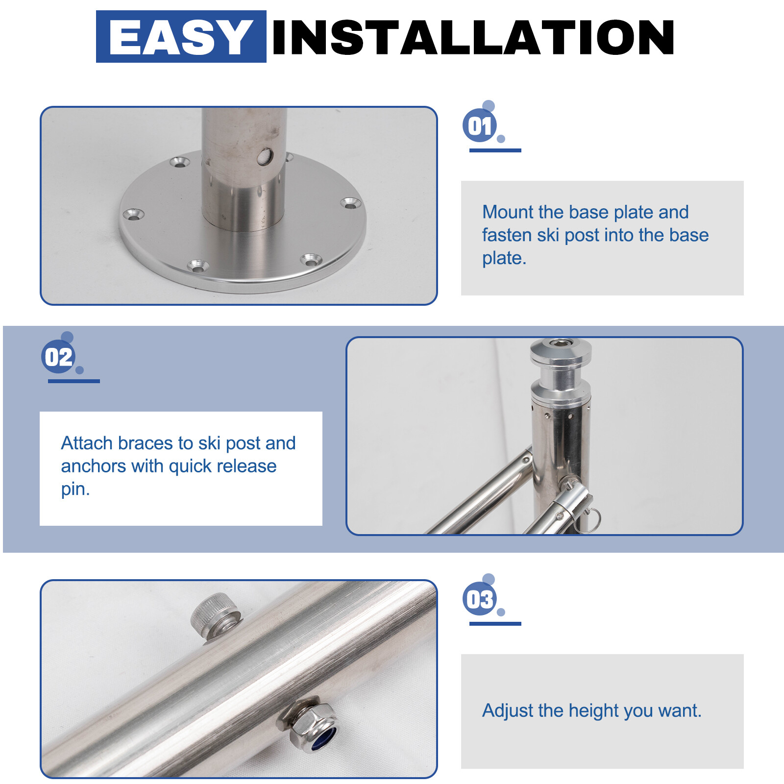 Water Ski Pylon for Outboard Boat Stainless Steel Adjustable Pole Height 33"-57"