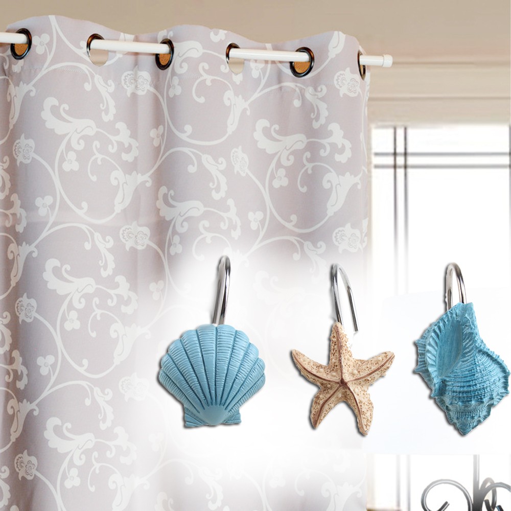 12Pcs Blue Decorative Seashell Bath Shower Curtain Hooks Bathroom Decor Rings