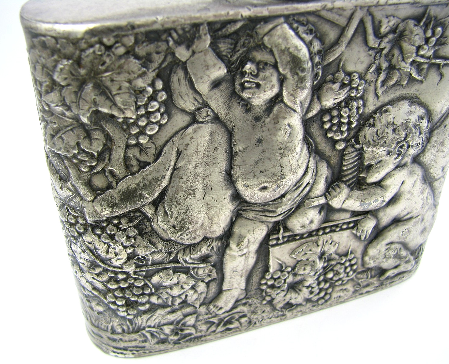 ANTIQUE SILVER PLATED FLASK LIQUOR FLASK Tipsy Cherubs Angels 1870s No Mono Rare