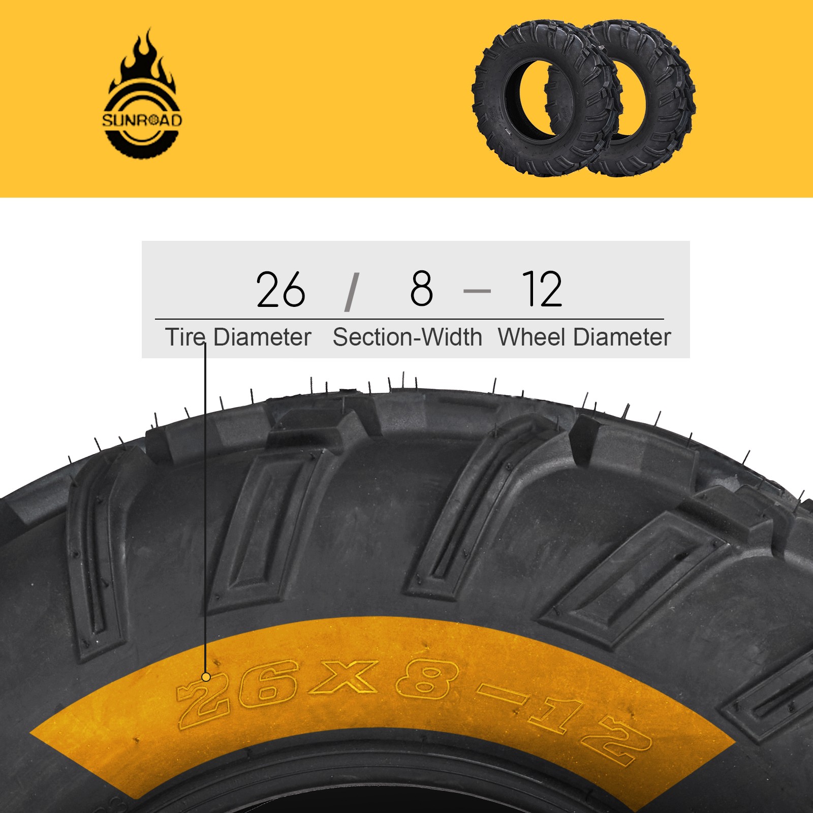 Set of 2 26x8-12 ATV/UTV Tires All Terrain AT 6 Ply 26x8x12 Tubeless