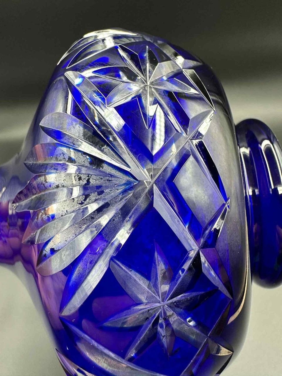 Antique Bohemian Cobalt Cut Glass Pitcher Pewter Mounted Art Nouveau 8.75”