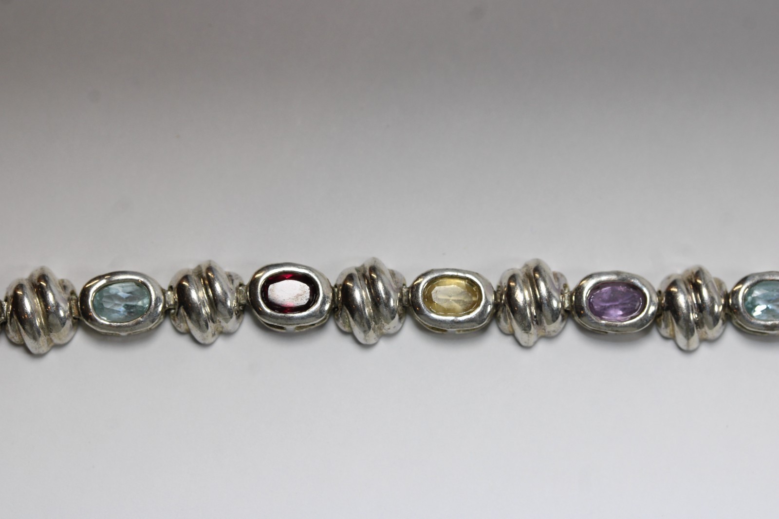FAS Bracelet Multi Gemstone Tennis Vintage Sterling Silver 7" Chain #0085