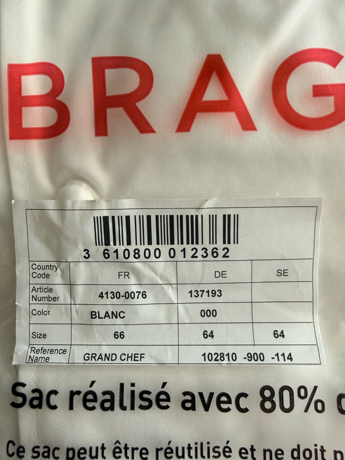 Bragard Grand Chef White Double Breasted Chef Coat Jacket Size 54 France