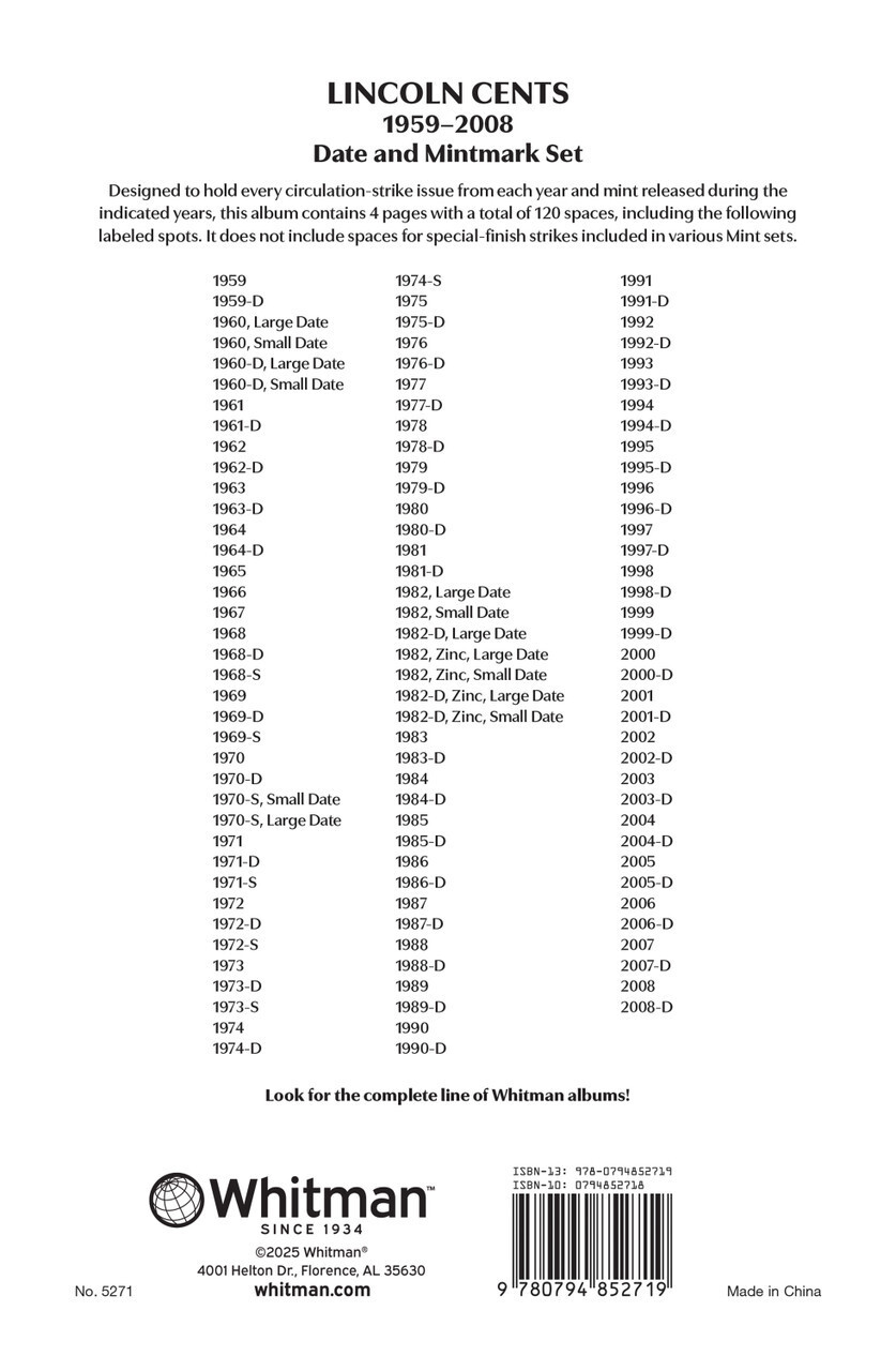 Lincoln Cents: 1959-2008 Date & Mintmark Set - Whitman Prestige™ Coin Album