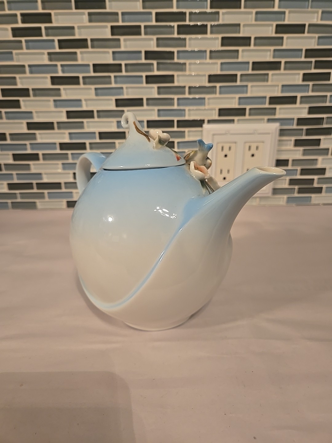 Pier 1 Imports Hand Painted Porcelain 3D Decorative Teapot Birds Flowers 7”