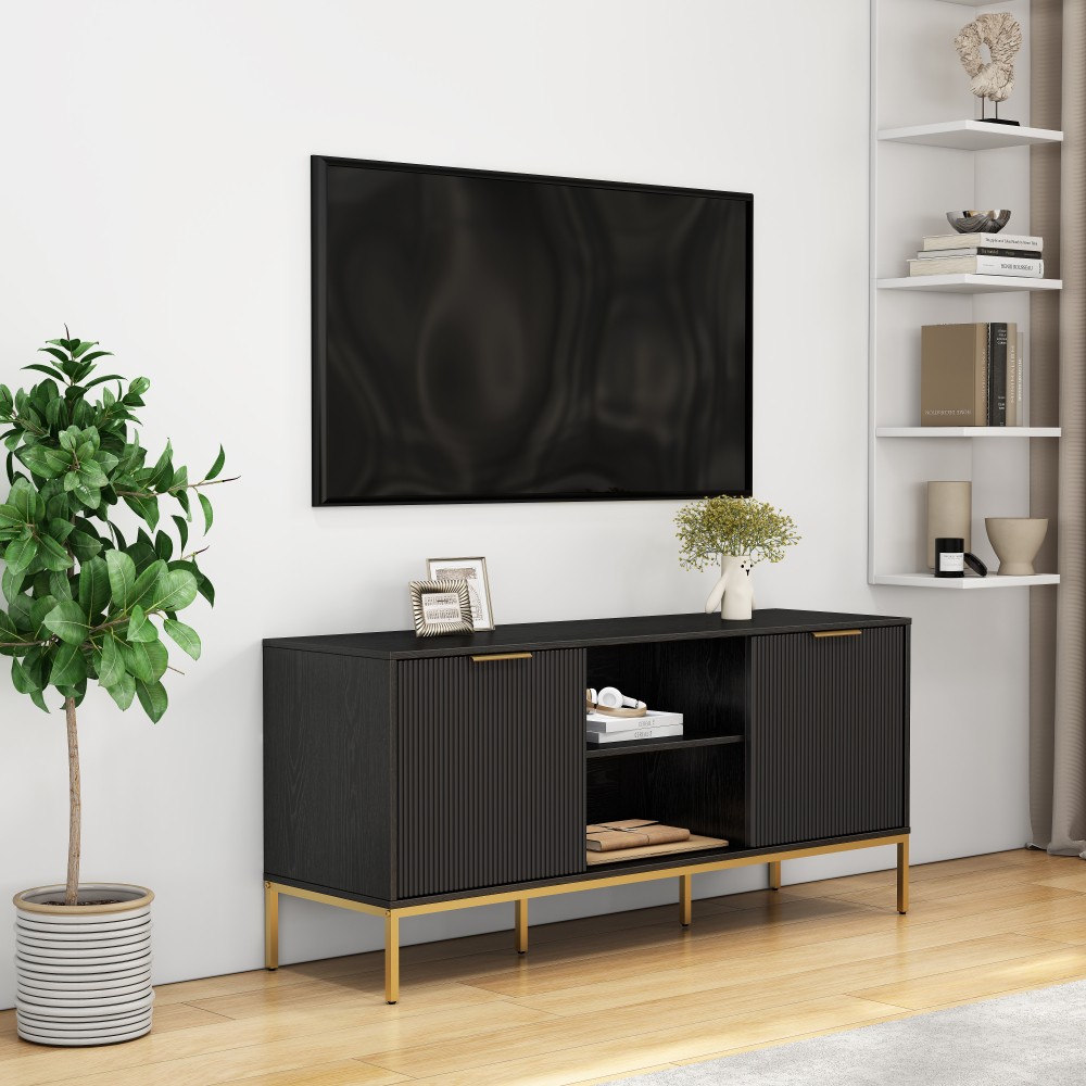 Mid Century Modern TV Stand w Wave Doors Gold Legs Soft Close