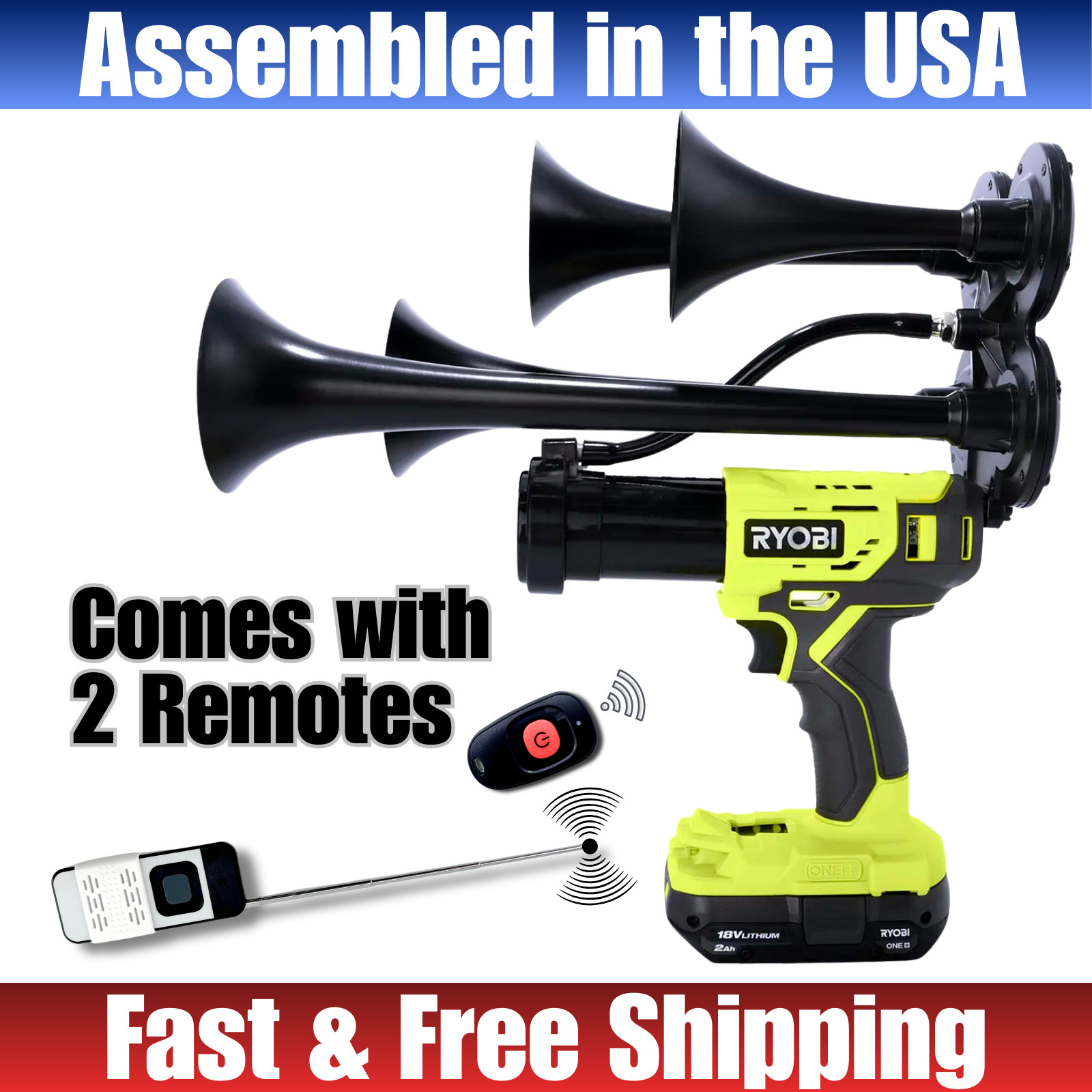 Ryobi 18V Impact Train Horn Quad 4 Trumpet | 2 Remotes |  Assembled in USA
