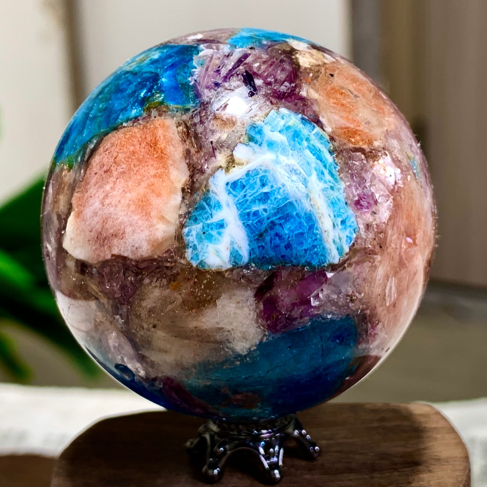 177G Natural Blue Aptite +Sun Stone purple lepidolite Sphere mineral sample