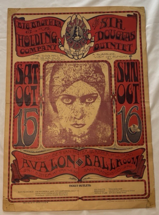 BIG BROTHER & HOLDING COMPANY POSTER + SIR DOUGLAS QUINTET AVALON PRINTED 1967