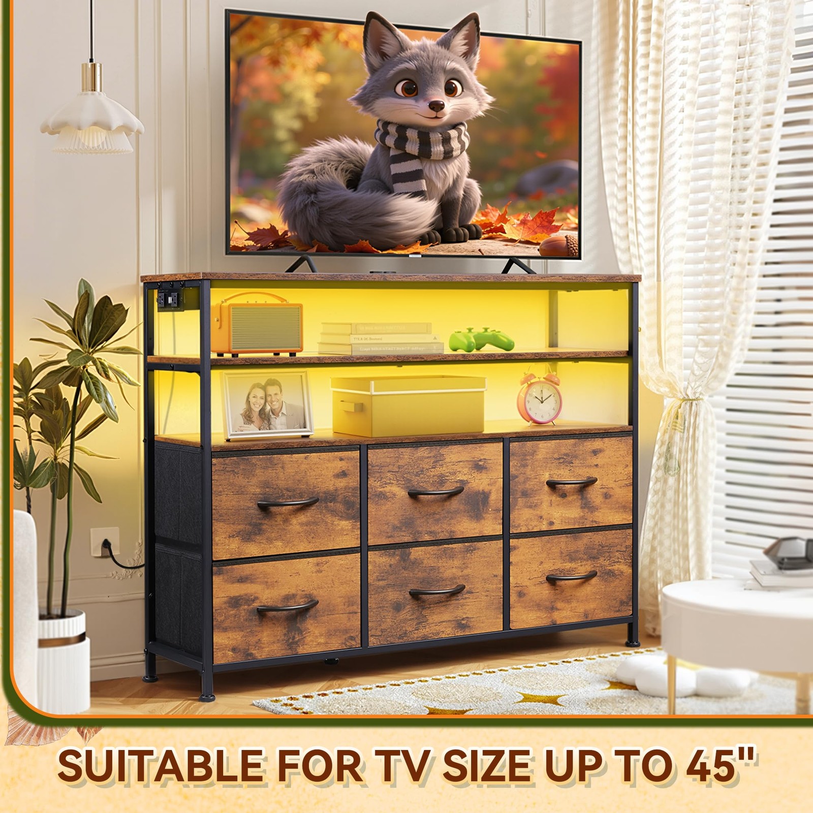 TV Stand for 40 45 inch TV with LED Lights Charging Station 6 Drawers