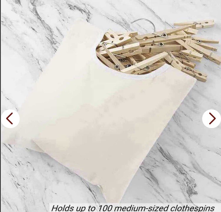 CANVAS CLOTHESPIN BAG W ROTATING HANGING HOOK 15”x11” HOLDS 100 CLOTHESPINS