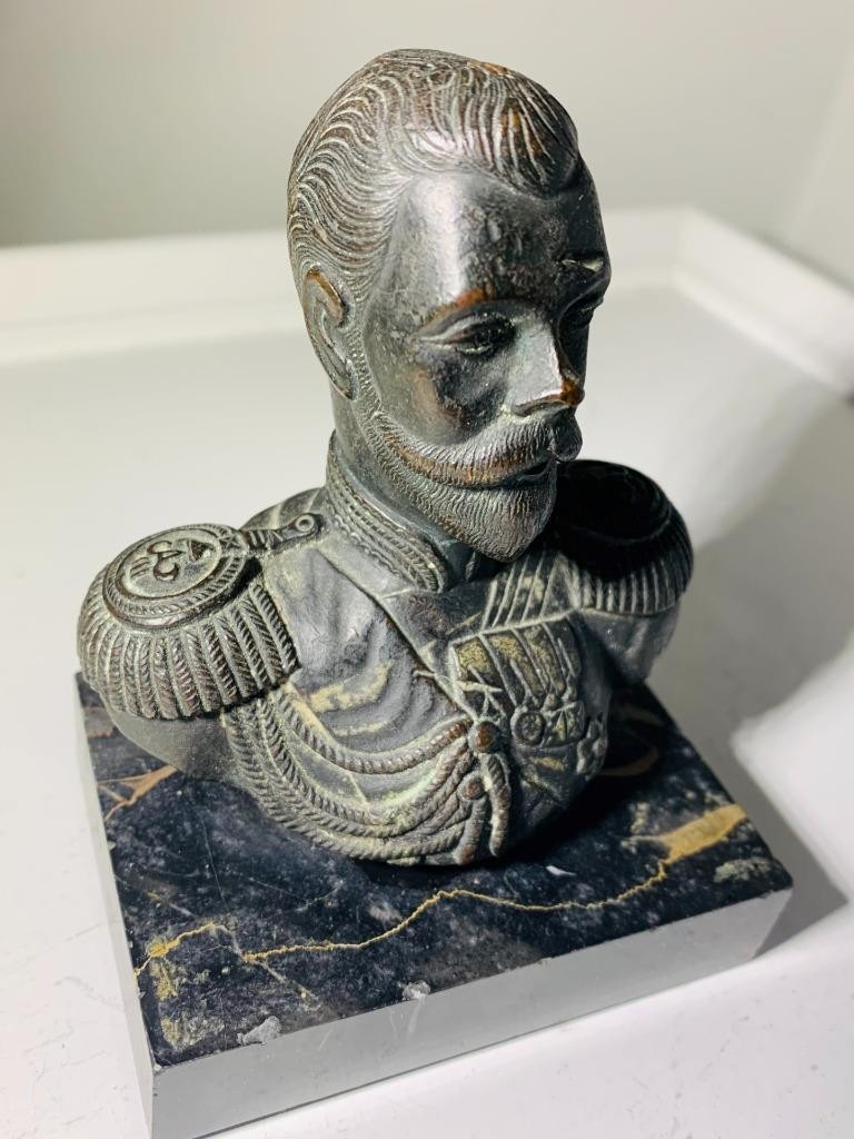 Antique Bronze Bust sculpture miniature Czar Nicholas II Black granite pedestal