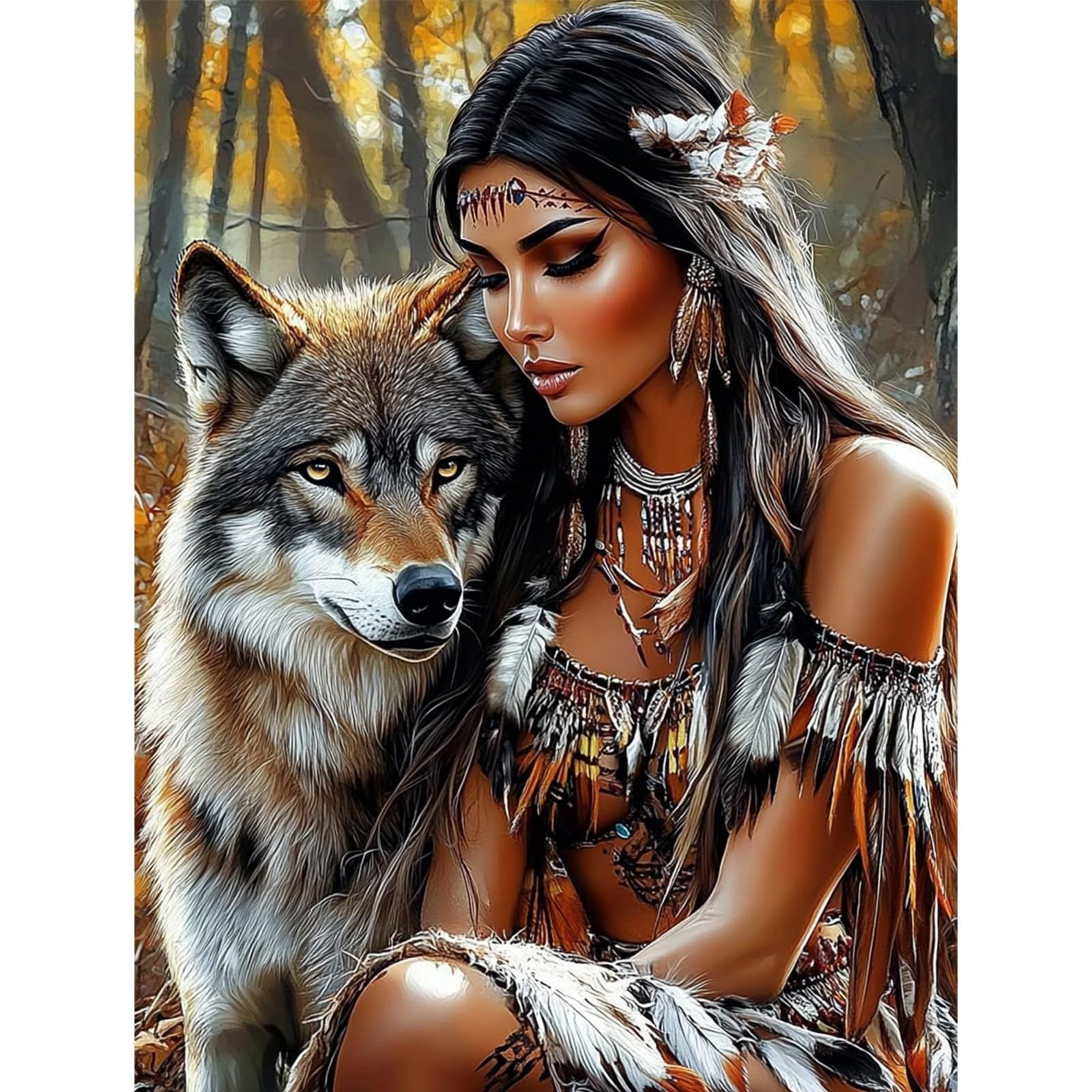MISCER American Native Indian Woman Diamond Art Kits for Adults, Wolf