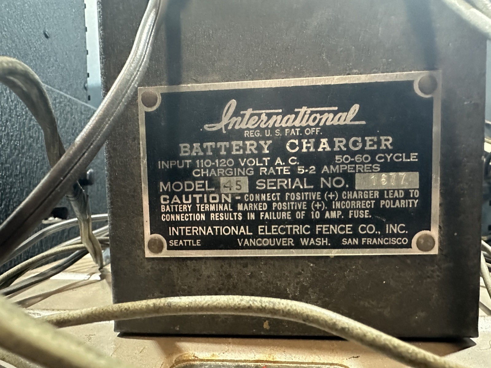 1930’s International Electric Fence Co., Inc., Battery Charger Model 45 SN 1677
