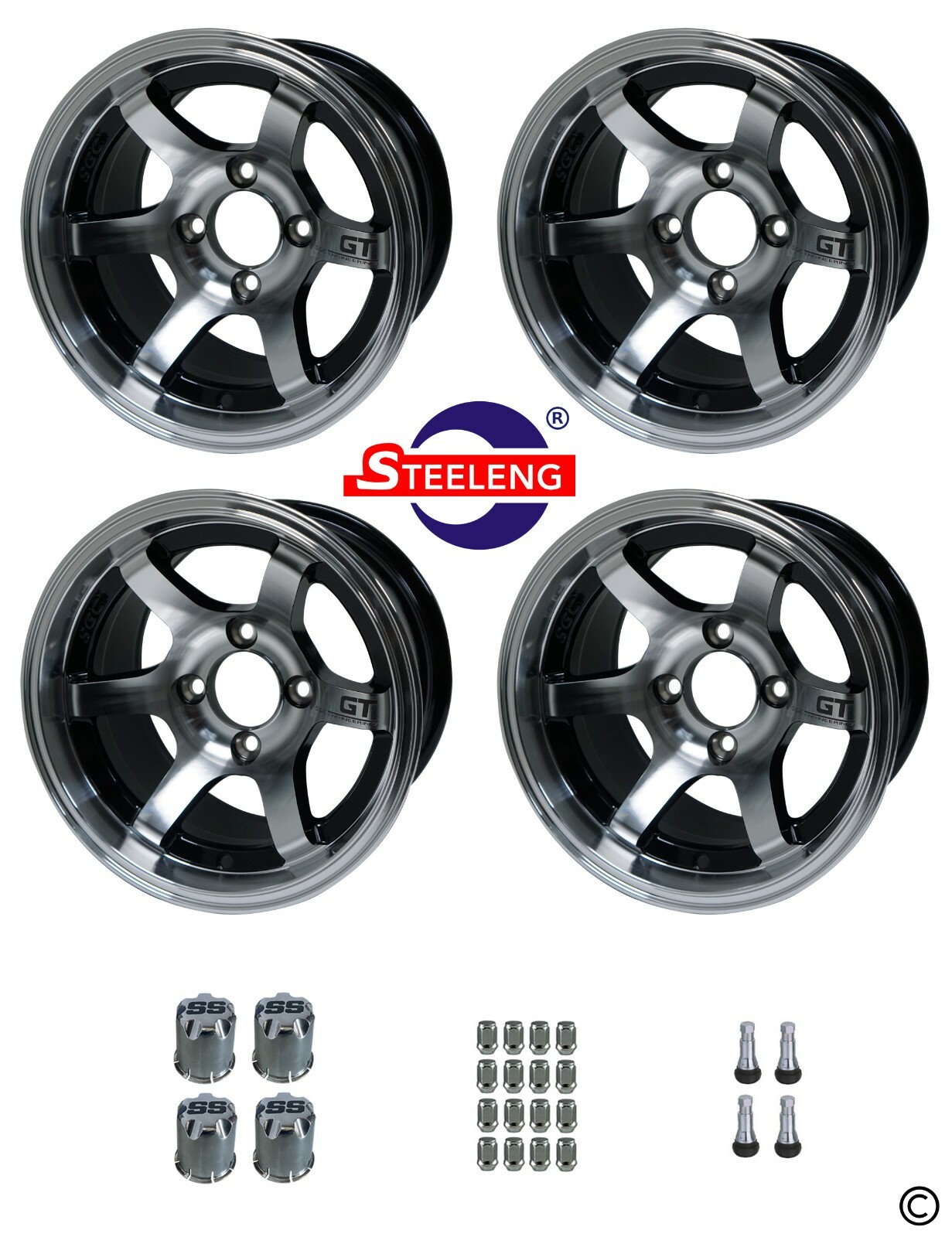 GOLF CART 12"x7" 'GT' MACHINED ALUMINUM OFFSET WHEELS / RIMS (SET OF 4)