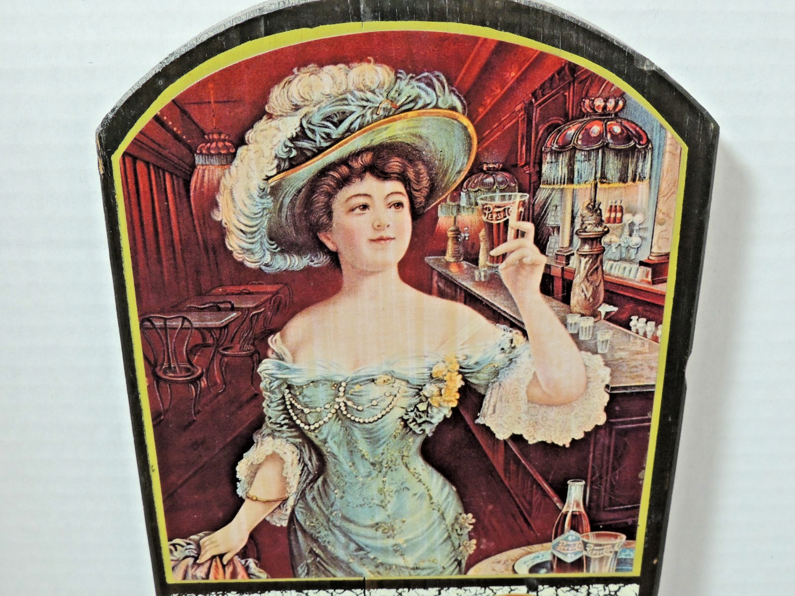 VINTAGE 1973 PEPSI COLA WOODEN ADVERTISING THERMOMETER FANCY LADY in BAR, WORKS!