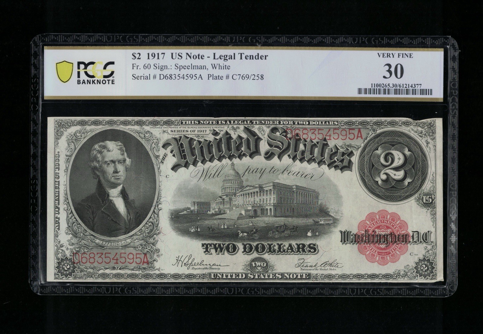 SC 1917 $2 Fr.60 Legal Tender Red Seal “Bracelet” Back - PCGS 30 (595)