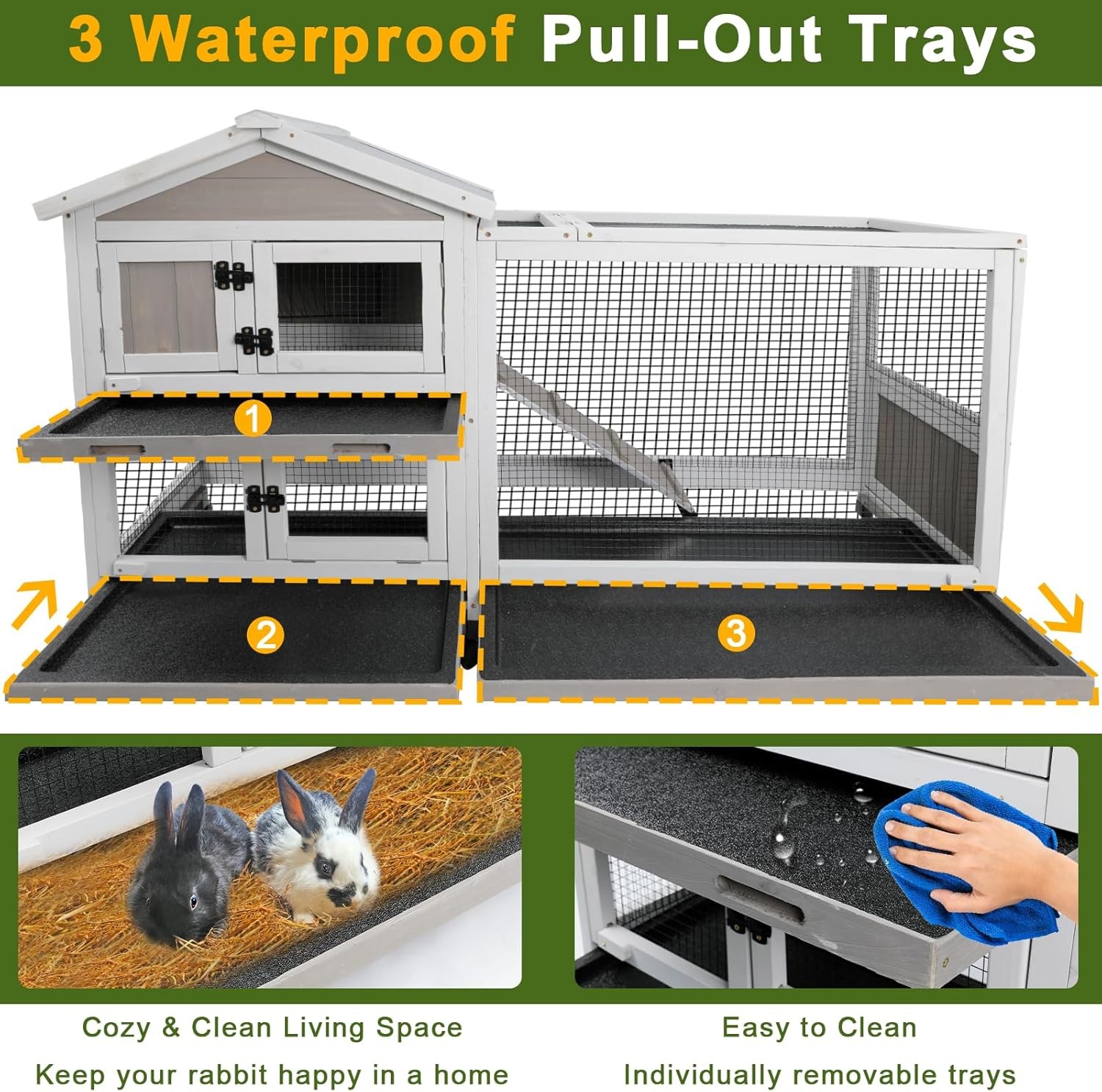 Petscosset Rabbit Hutch Outdoor Indoor Bunny Hutch 2-Story Large Rabbit Cage