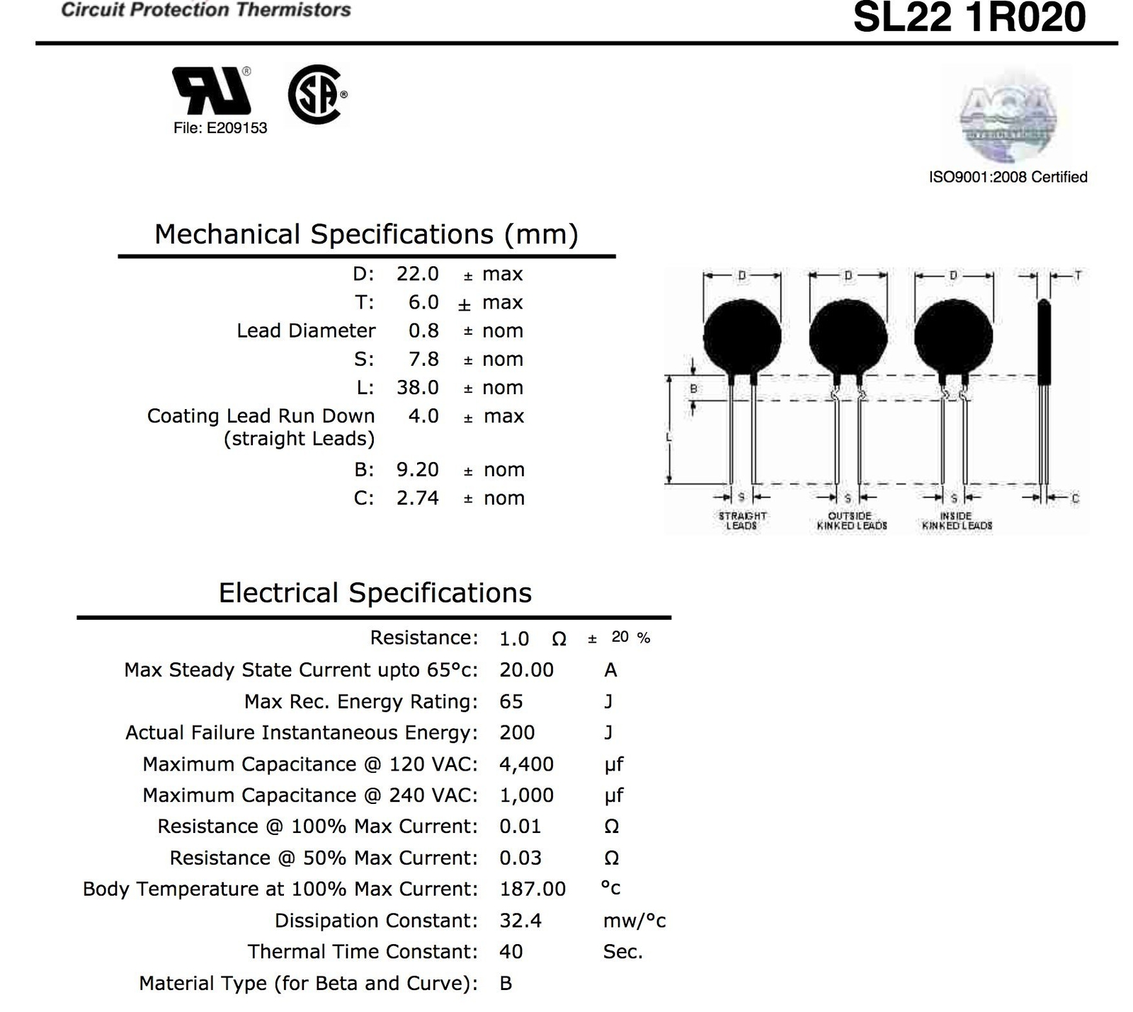 SL22 1R020 Pack of 2 NTC THERMISTORICL 1 OHM 20% 20A 22MM Also SG100 SG301
