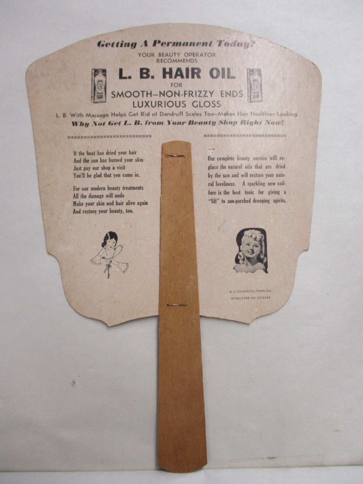 Vintage 1939 L.B. Hair Oil Hand Fan Advertisement, Used