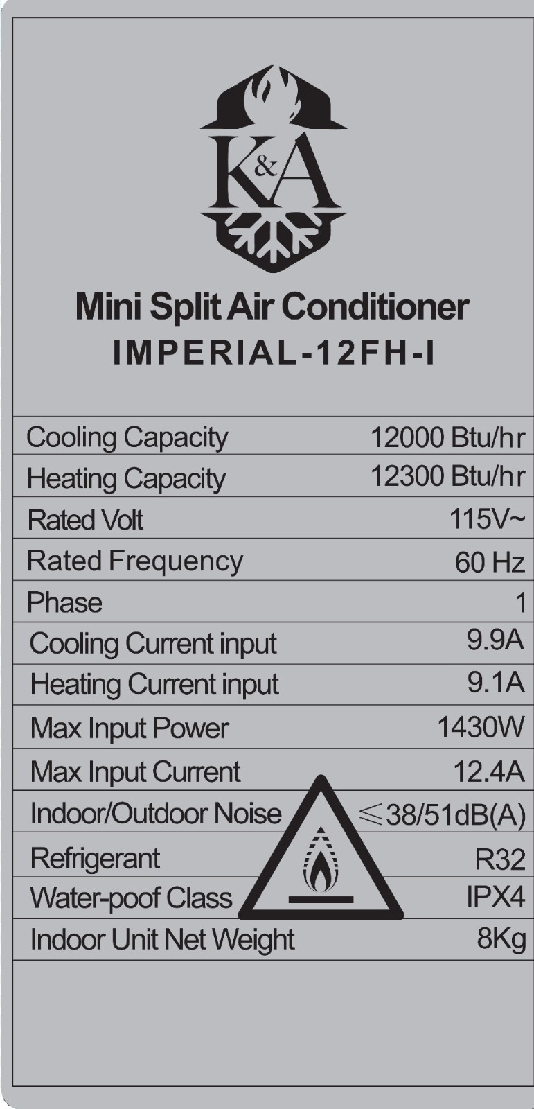 12,000 BTU DUCTLESS MINI SPLIT, 115V, WIFI, 1 TON, HEAT PUMP, K&A IMPERIAL
