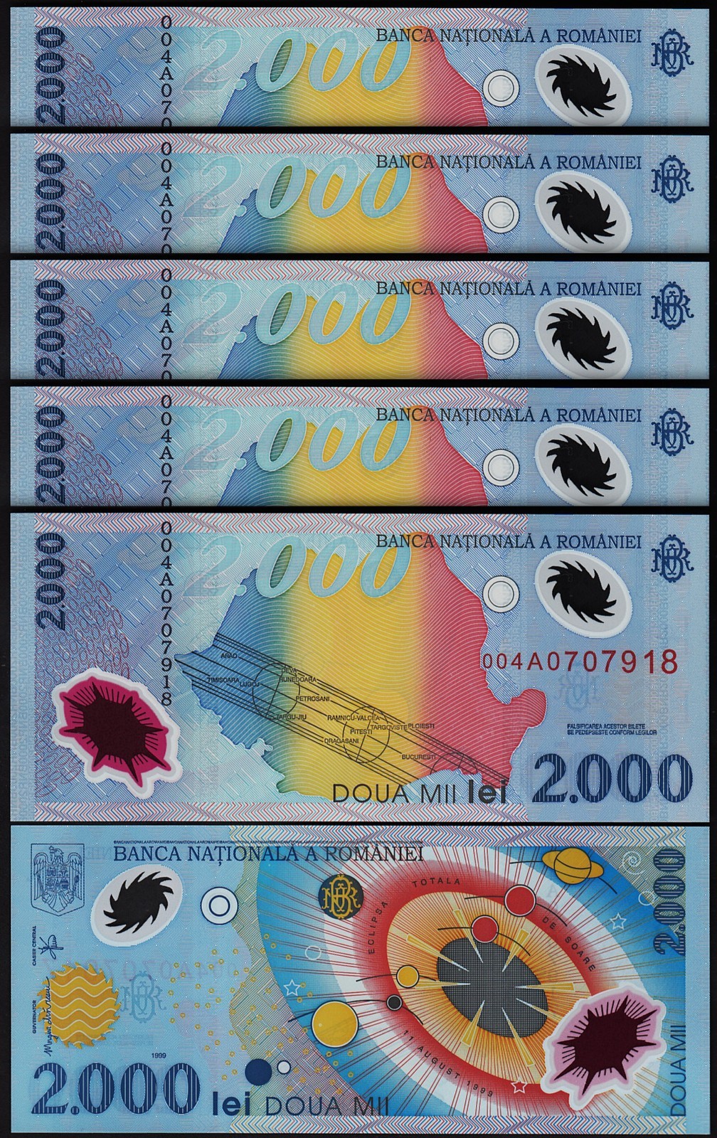 Romania 2000 Lei 1999, UNC, 10 Pcs LOT, Consecutive, POLYMER, P-111