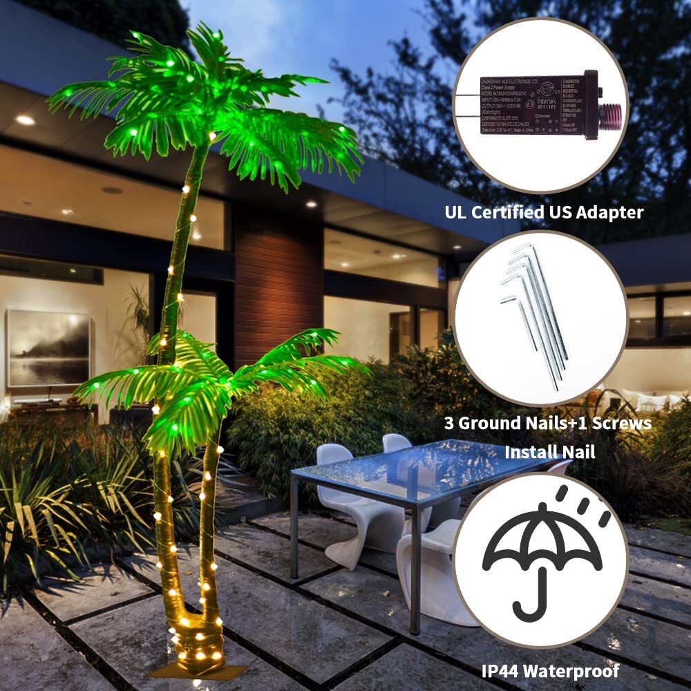 6FT Artificial Palm Tree 3 Trunks LED Lighted Outdoor Decor for Tiki Bar Party
